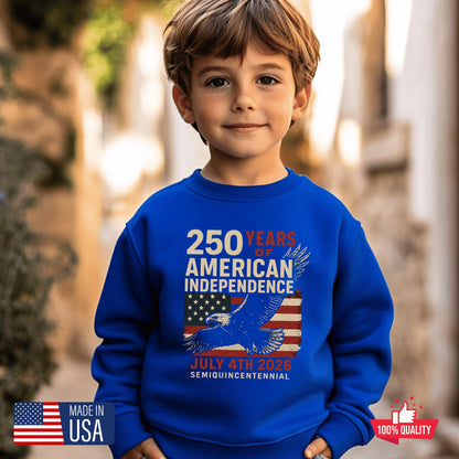 American History 250 Years Youth Sweatshirt, Patriotic Independence Day Kids Crewneck, 4th of July 250th Youth Sweater