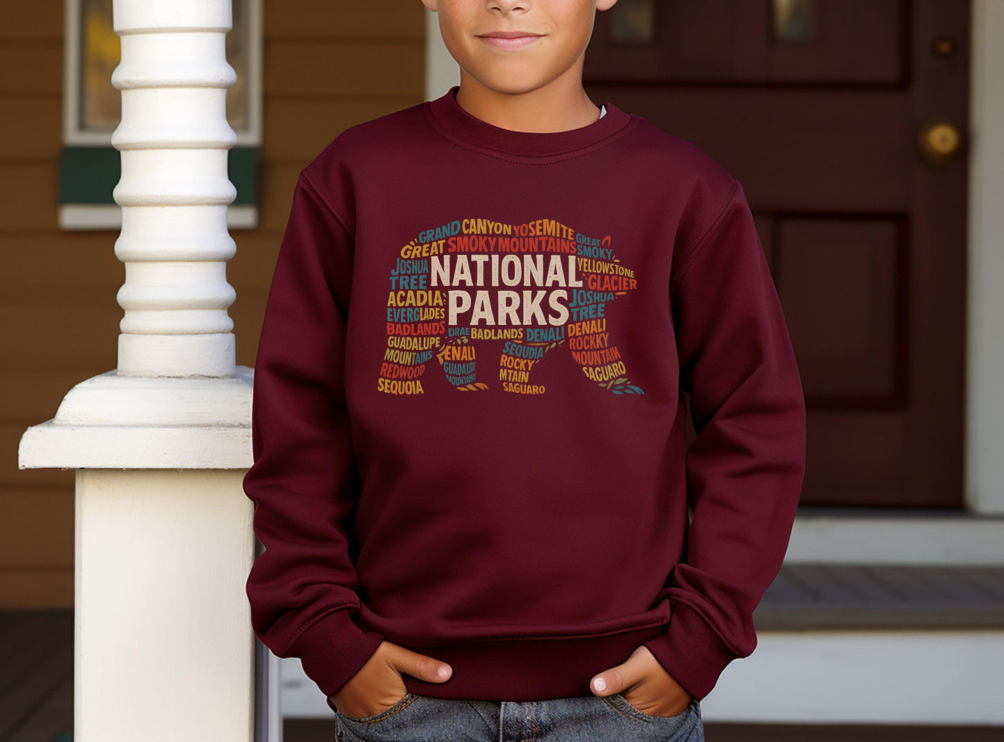 Bear Silhouette National Parks Youth Sweatshirt, Adventure Nature Lover Kids Crewneck, Hiking Exploration Youth Sweater