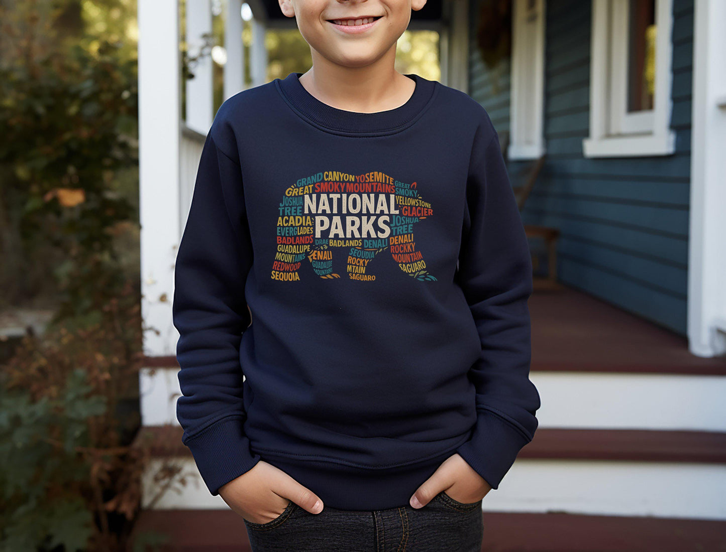 Bear Silhouette National Parks Youth Sweatshirt, Adventure Nature Lover Kids Crewneck, Hiking Exploration Youth Sweater