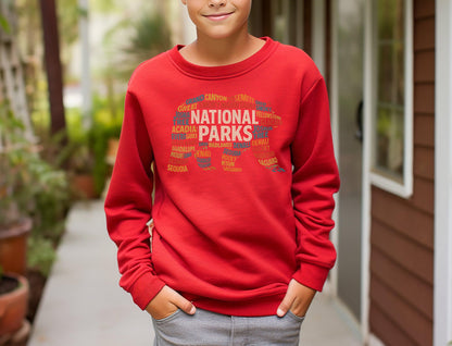 Bear Silhouette National Parks Youth Sweatshirt, Adventure Nature Lover Kids Crewneck, Hiking Exploration Youth Sweater