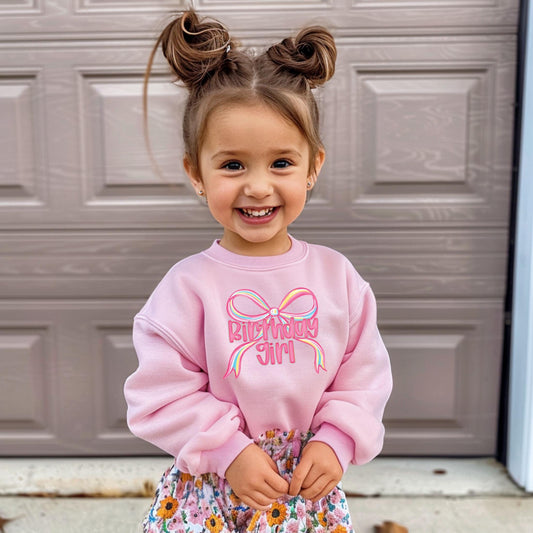 Birthday Girl Ribbon Bow Youth Sweatshirt, Coquette Birthday Crewneck, Birthday Girl Kids Sweater