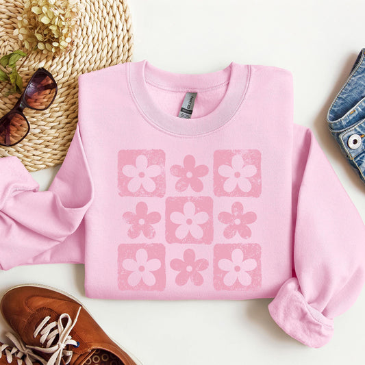 Checkered Flowers Youth Sweatshirt, Retro Floral Crewneck, Boho Botanical Kids Sweater