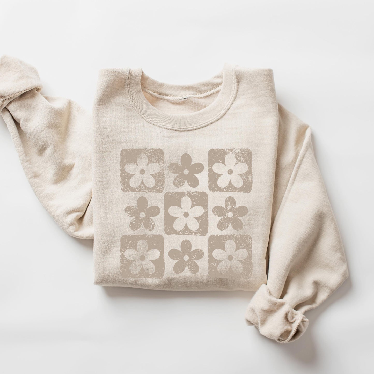 Checkered Flowers Youth Sweatshirt, Retro Floral Crewneck, Boho Botanical Kids Sweater