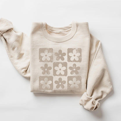 Checkered Flowers Youth Sweatshirt, Retro Floral Crewneck, Boho Botanical Kids Sweater