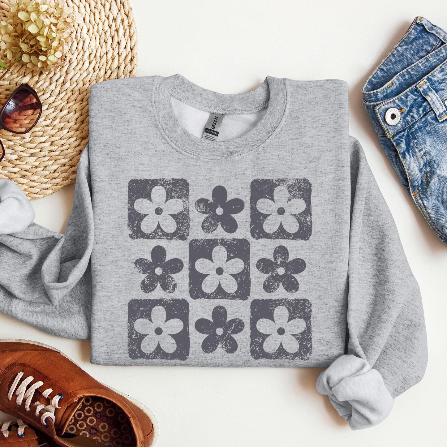 Checkered Flowers Youth Sweatshirt, Retro Floral Crewneck, Boho Botanical Kids Sweater