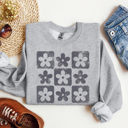 Checkered Flowers Youth Sweatshirt, Retro Floral Crewneck, Boho Botanical Kids Sweater