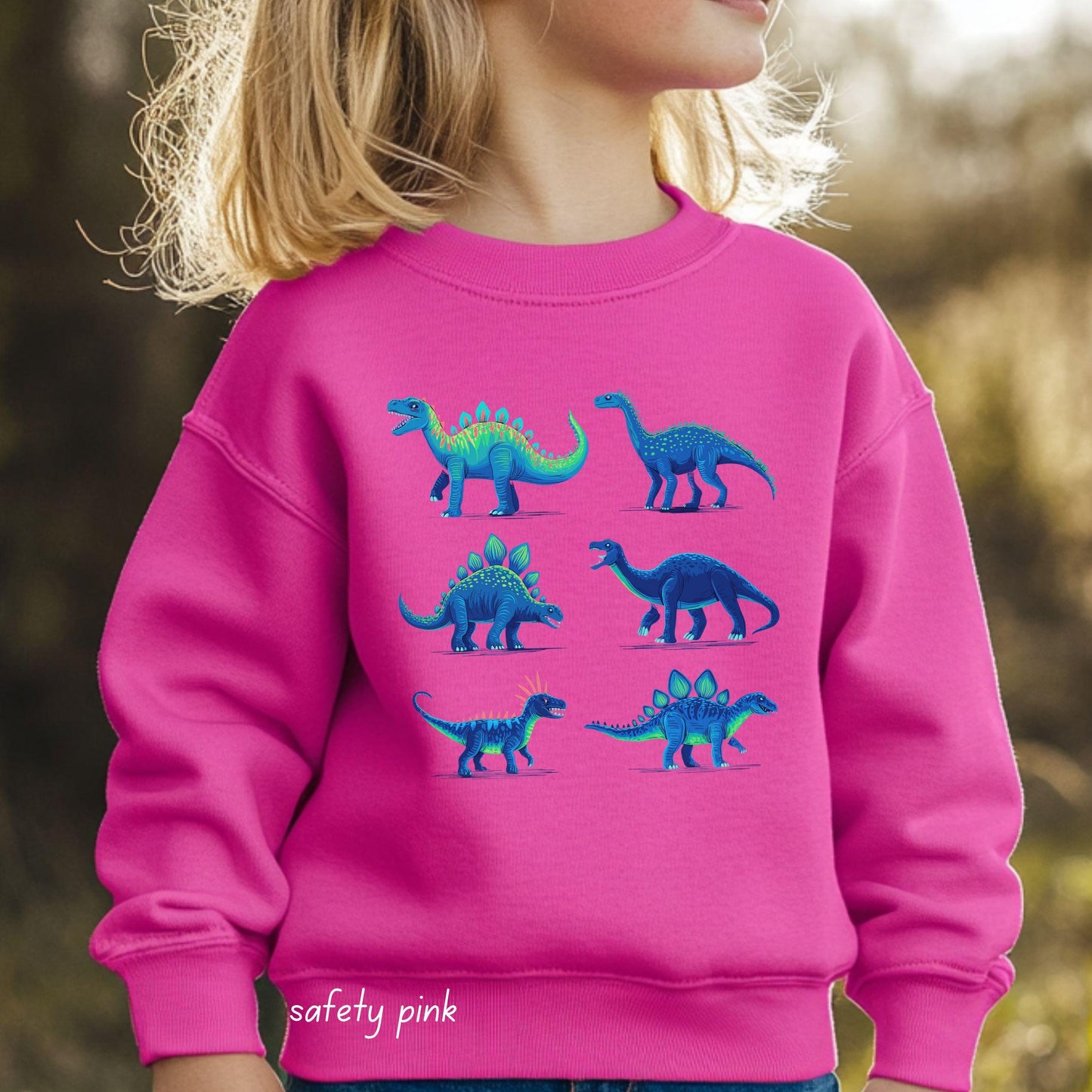 Colorful Dinosaur Grid Youth Sweatshirt, Playful Prehistoric Kids Crewneck, Dino Lover Youth Sweater