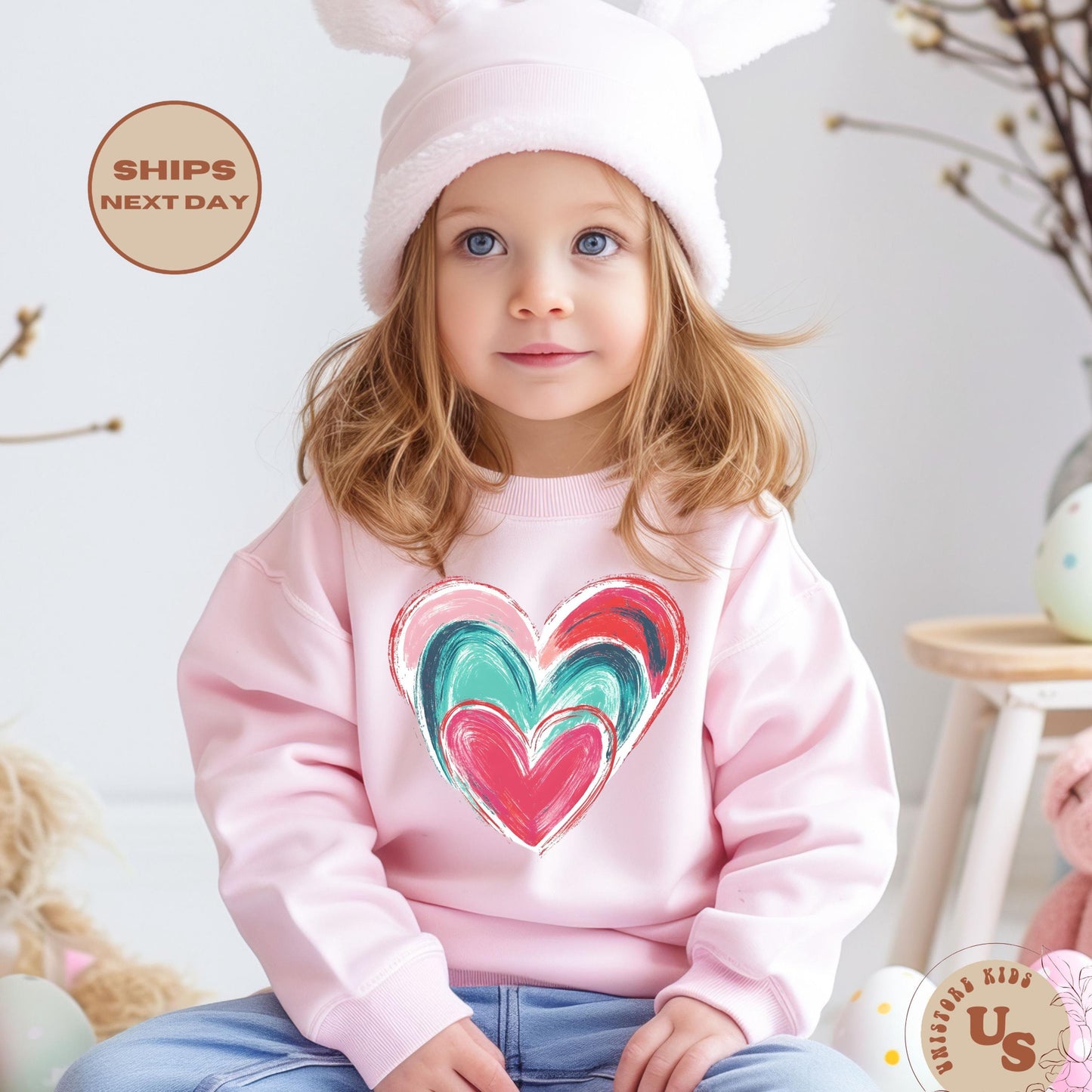Colorful Heart Youth Sweatshirt, Valentines Day Heart Sweater, Valentine Day Kids Crewneck