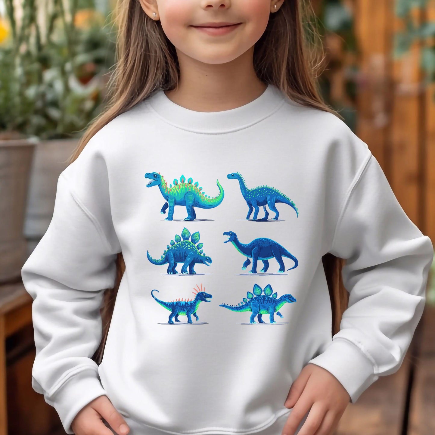 Colorful Dinosaur Grid Youth Sweatshirt, Playful Prehistoric Kids Crewneck, Dino Lover Youth Sweater