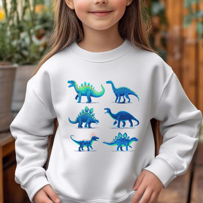 Colorful Dinosaur Grid Youth Sweatshirt, Playful Prehistoric Kids Crewneck, Dino Lover Youth Sweater