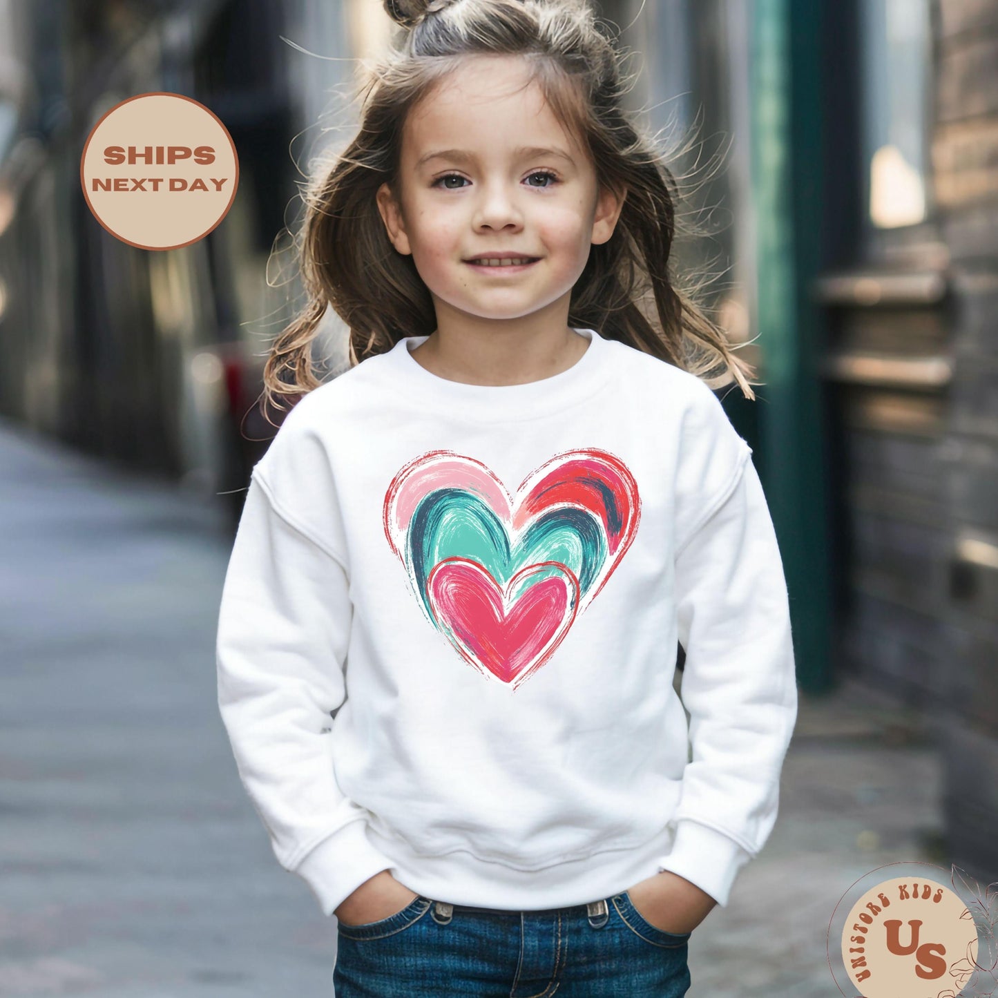 Colorful Heart Youth Sweatshirt, Valentines Day Heart Sweater, Valentine Day Kids Crewneck