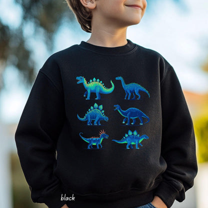 Colorful Dinosaur Grid Youth Sweatshirt, Playful Prehistoric Kids Crewneck, Dino Lover Youth Sweater