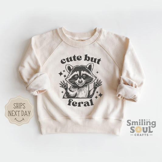 Cute But Feral Youth Sweatshirt, Funny Raccoon Youth Crewneck, Kids Meme Sweatshirt
