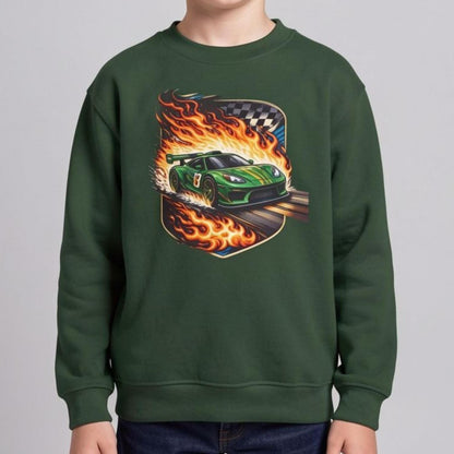 Green Muscle Car Flames Youth Sweatshirt, Racing Car Crewneck, Muscle Car Lover Sweater