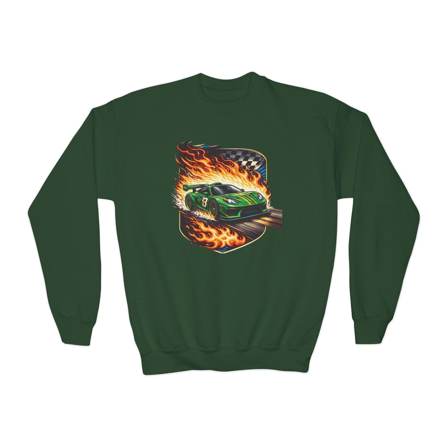 Green Muscle Car Flames Youth Sweatshirt, Racing Car Crewneck, Muscle Car Lover Sweater