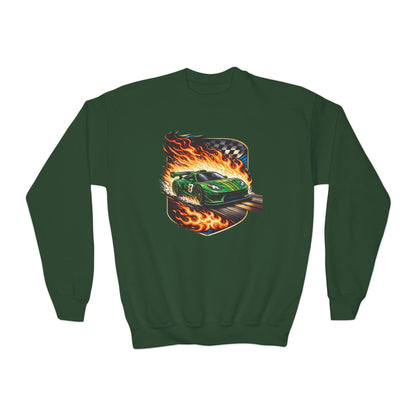 Green Muscle Car Flames Youth Sweatshirt, Racing Car Crewneck, Muscle Car Lover Sweater