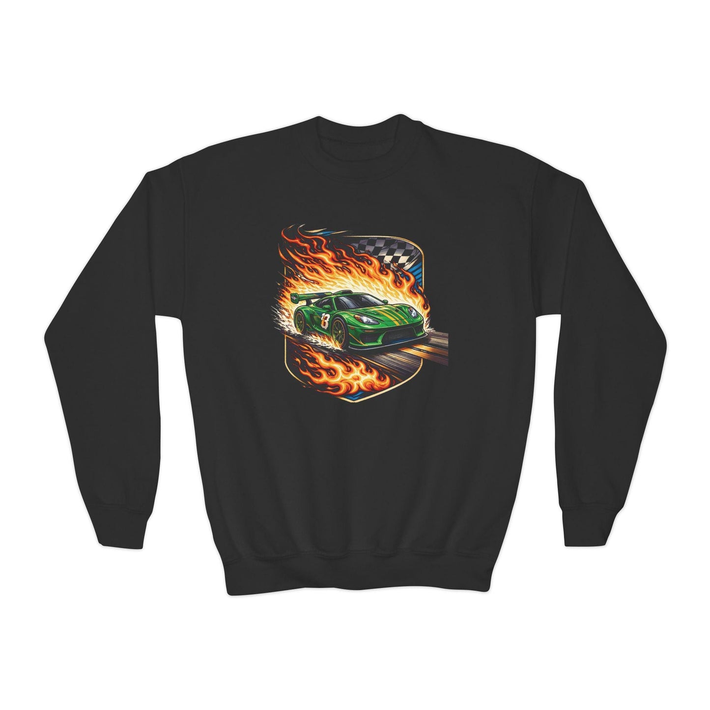Green Muscle Car Flames Youth Sweatshirt, Racing Car Crewneck, Muscle Car Lover Sweater