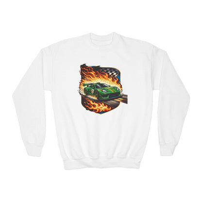 Green Muscle Car Flames Youth Sweatshirt, Racing Car Crewneck, Muscle Car Lover Sweater