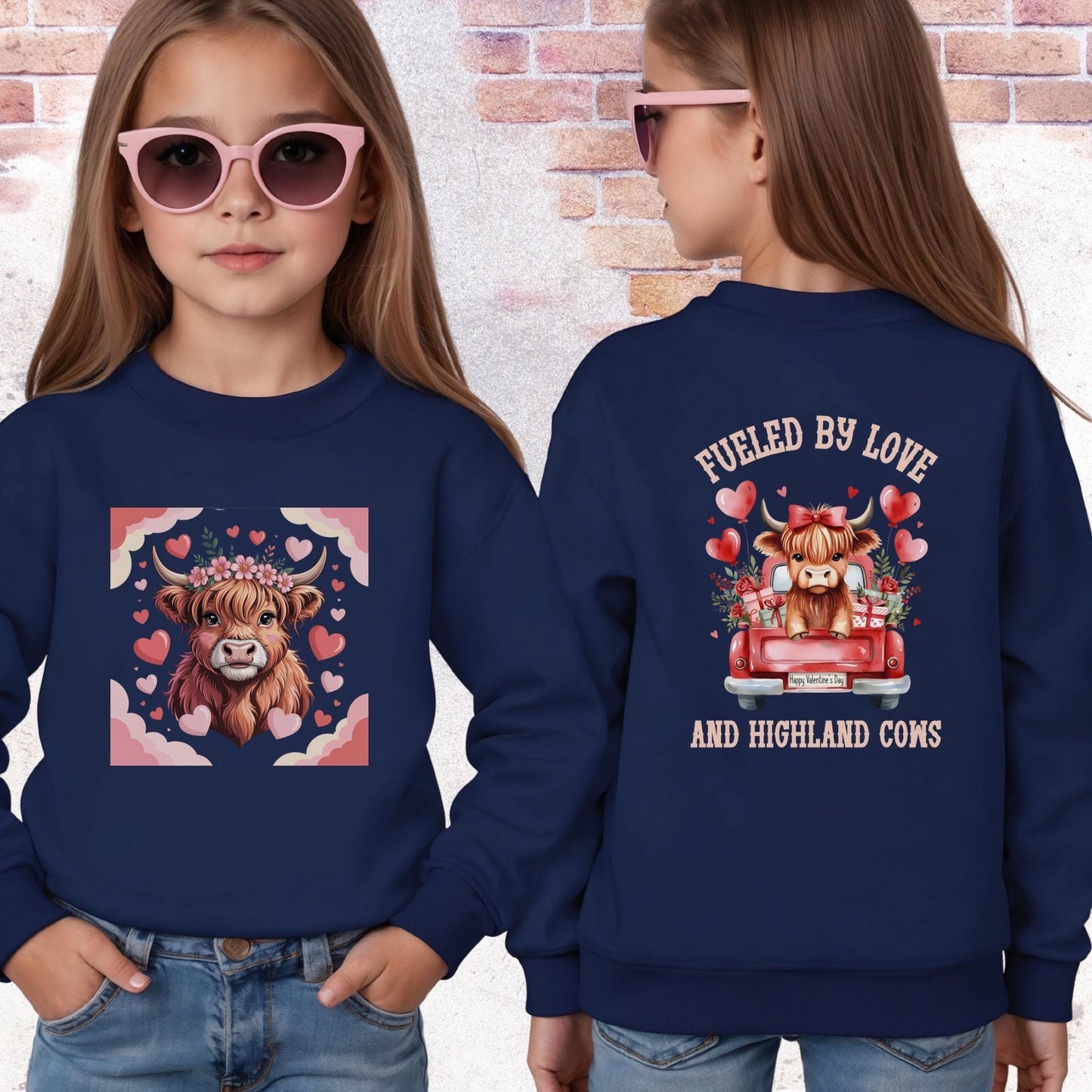 Highland Cow Youth Sweatshirt, Valentine's Day Kids Crewneck, Valentine Cow Kids Sweater