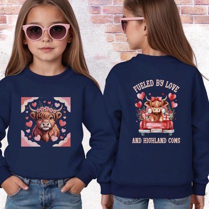 Highland Cow Youth Sweatshirt, Valentine's Day Kids Crewneck, Valentine Cow Kids Sweater