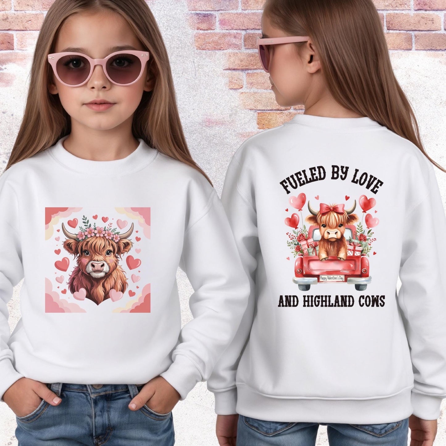 Highland Cow Youth Sweatshirt, Valentine's Day Kids Crewneck, Valentine Cow Kids Sweater