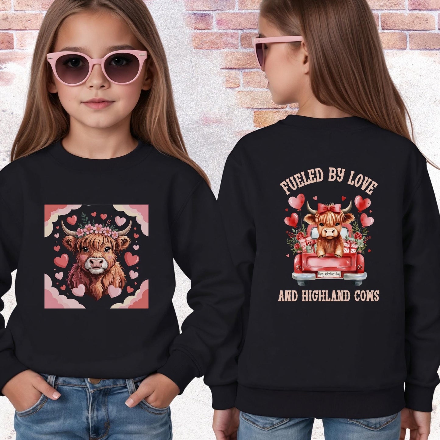 Highland Cow Youth Sweatshirt, Valentine's Day Kids Crewneck, Valentine Cow Kids Sweater