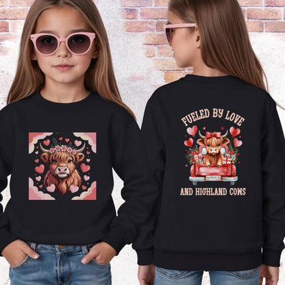 Highland Cow Youth Sweatshirt, Valentine's Day Kids Crewneck, Valentine Cow Kids Sweater