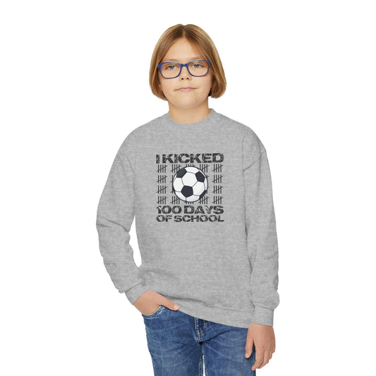 I Kicked 100 Days of School Youth Sweatshirt, Soccer 100th Day Crewneck, Kids School Milestone Sweater