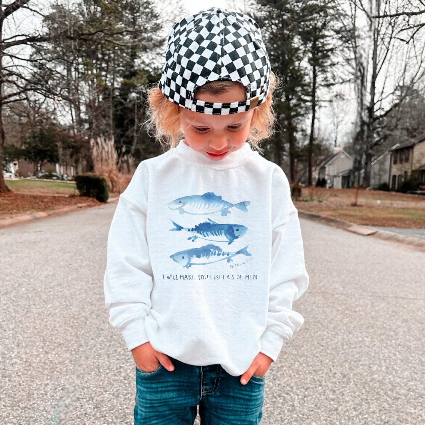 I Will Make You Fishers of Men Kids Sweatshirt, Christian Bible Verse Crewneck, Jesus Follower Sweater