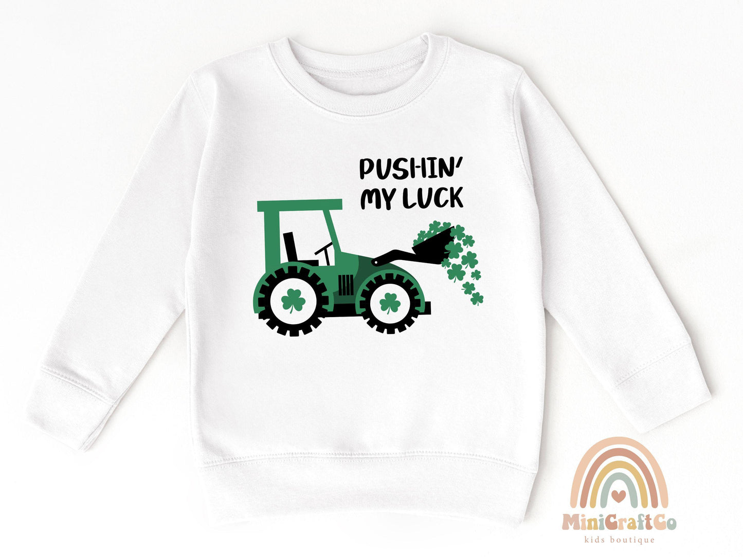 Pushing My Luck St Patricks Day KidsSweatshirt, Irish Shamrock Crew Neck, Lucky Tractor Youth Sweater