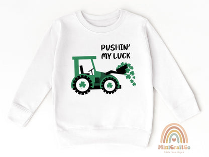 Pushing My Luck St Patricks Day KidsSweatshirt, Irish Shamrock Crew Neck, Lucky Tractor Youth Sweater