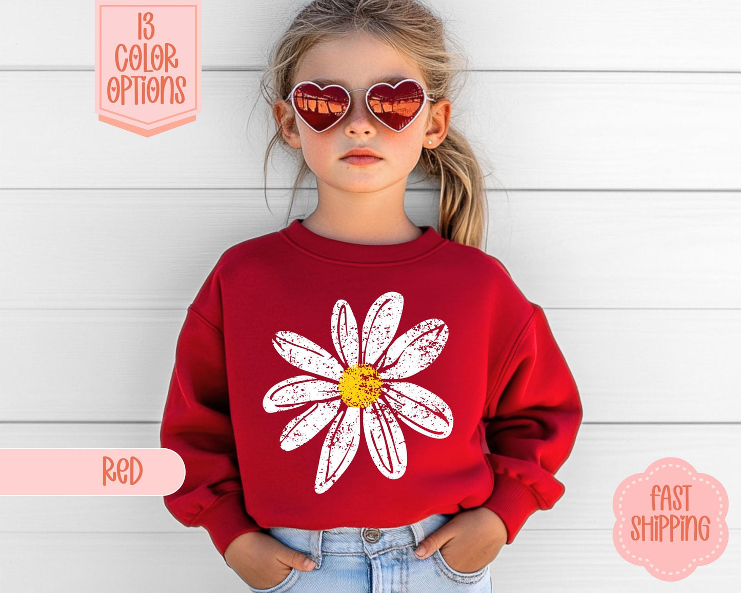 Kids Daisy Summer Sweatshirt, Wildflower Kids Crewneck, Floral Youth Sweatshirt