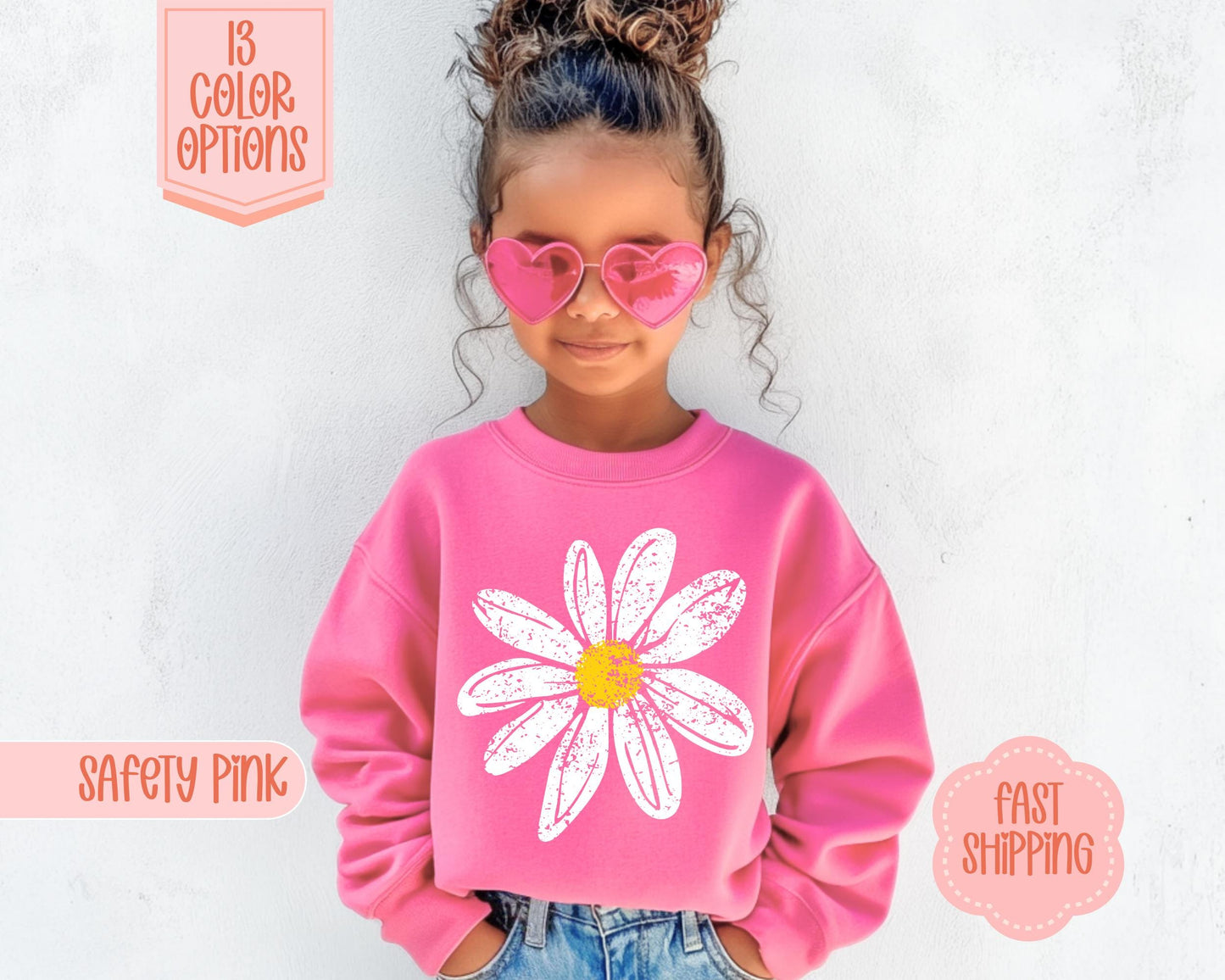 Kids Daisy Summer Sweatshirt, Wildflower Kids Crewneck, Floral Youth Sweatshirt