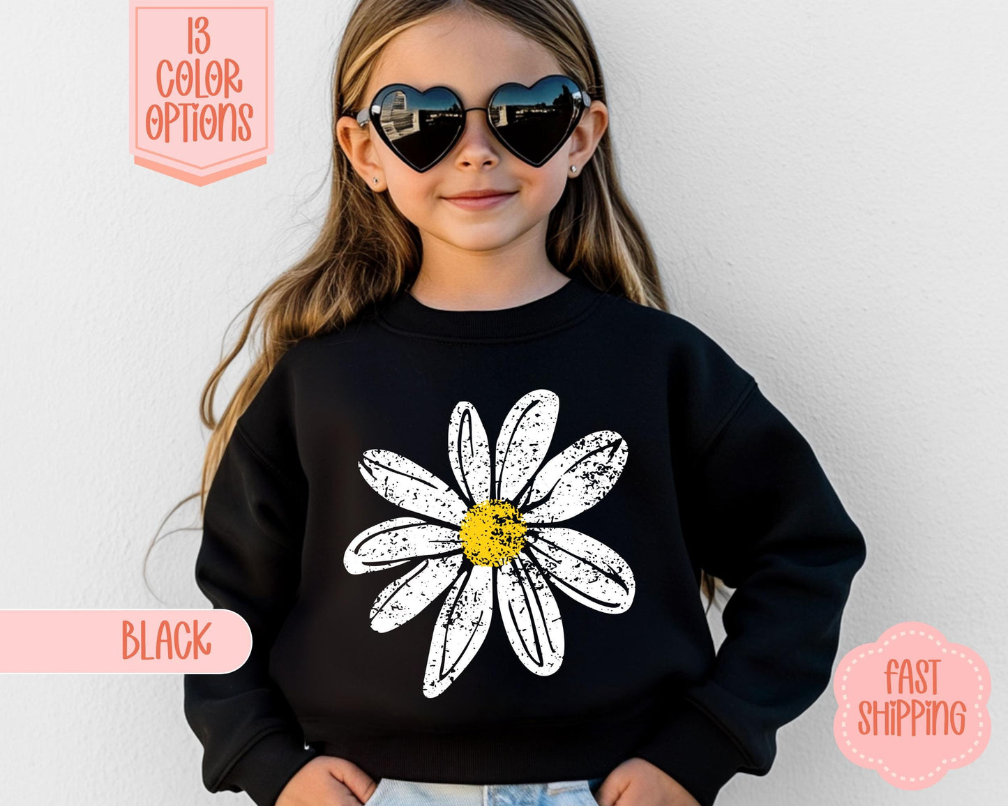 Kids Daisy Summer Sweatshirt, Wildflower Kids Crewneck, Floral Youth Sweatshirt