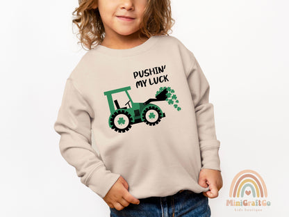Pushing My Luck St Patricks Day KidsSweatshirt, Irish Shamrock Crew Neck, Lucky Tractor Youth Sweater