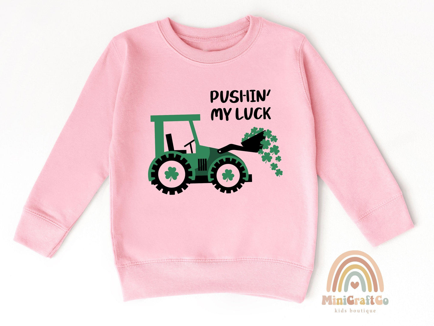 Pushing My Luck St Patricks Day KidsSweatshirt, Irish Shamrock Crew Neck, Lucky Tractor Youth Sweater