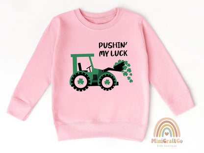 Pushing My Luck St Patricks Day KidsSweatshirt, Irish Shamrock Crew Neck, Lucky Tractor Youth Sweater