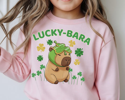 Lucky-Bara Capybara St Patricks Day Kids Sweatshirt, Faux Shamrock Lucky Charm Crewneck, Irish Festival Animal Lover Youth Sweatshirt
