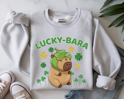 Lucky-Bara Capybara St Patricks Day Kids Sweatshirt, Faux Shamrock Lucky Charm Crewneck, Irish Festival Animal Lover Youth Sweatshirt