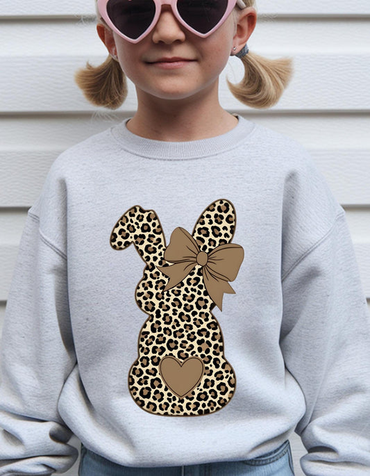 Leopard Print Bunny with Bow Youth Sweatshirt, Cute Easter Spring Crewneck, Bunny Easter Sweater