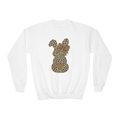 Leopard Print Bunny with Bow Youth Sweatshirt, Cute Easter Spring Crewneck, Bunny Easter Sweater