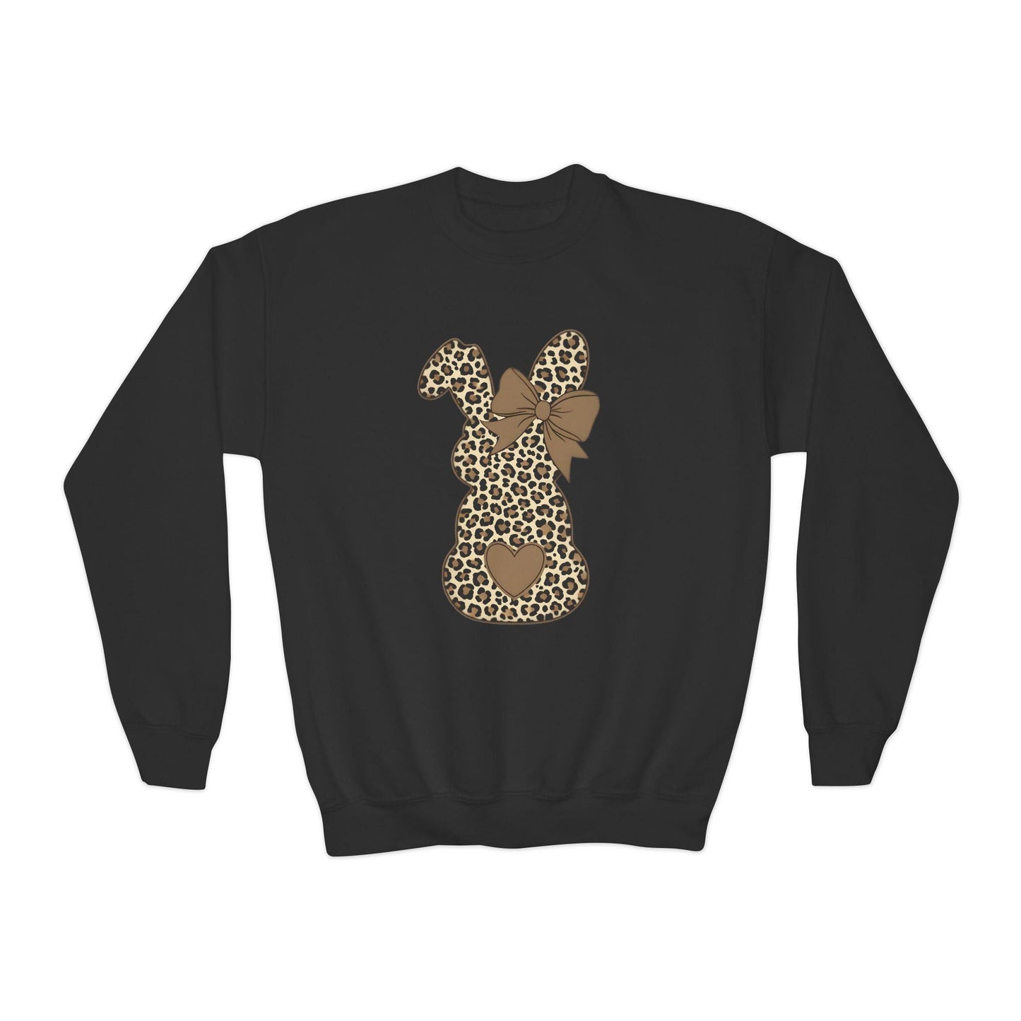 Leopard Print Bunny with Bow Youth Sweatshirt, Cute Easter Spring Crewneck, Bunny Easter Sweater