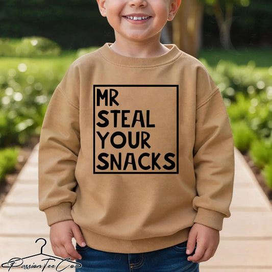 Mr Steal Your Snacks Kids Sweatshirt, Funny Snack Sweatshirt, Funny Kids Quote Sweater