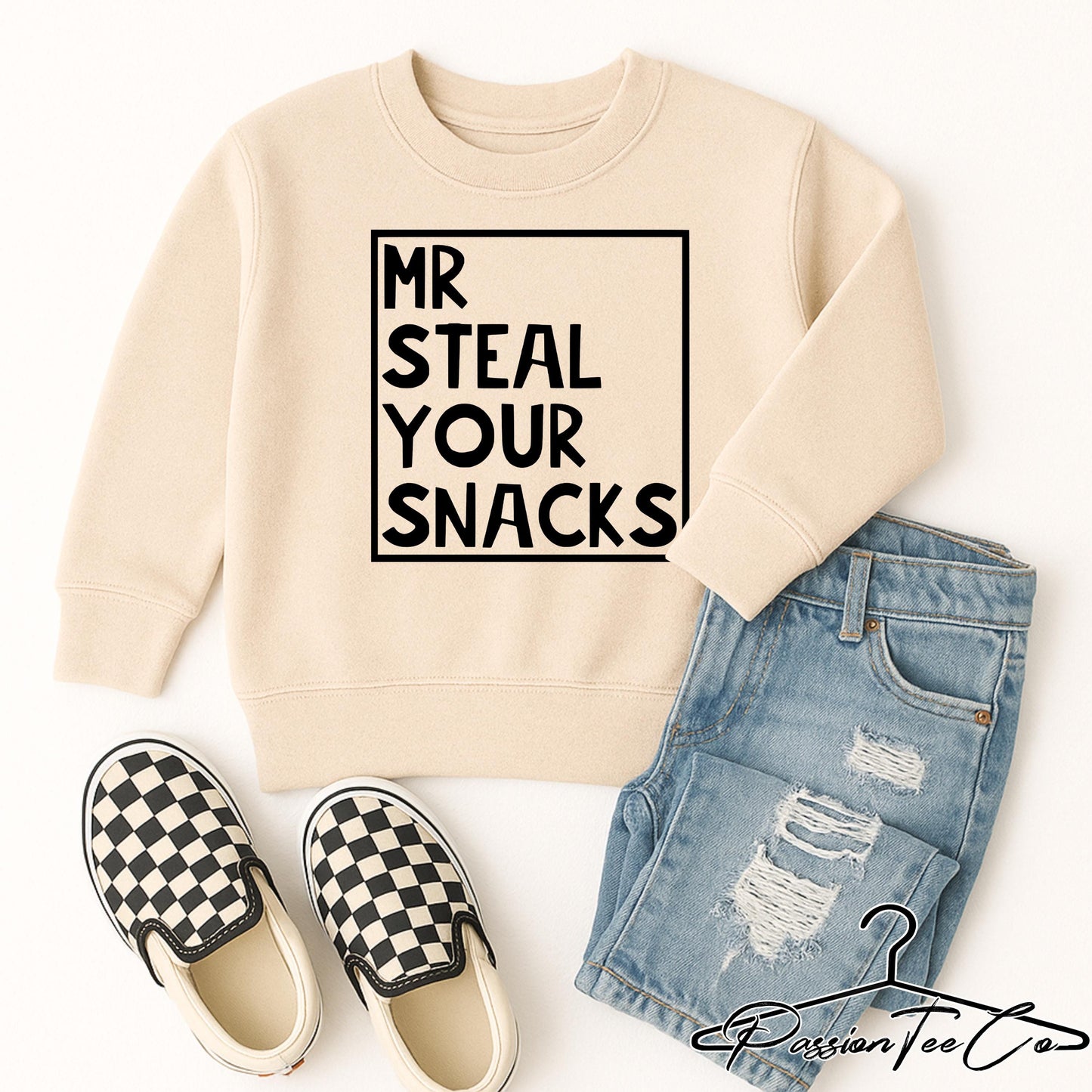 Mr Steal Your Snacks Kids Sweatshirt, Funny Snack Sweatshirt, Funny Kids Quote Sweater