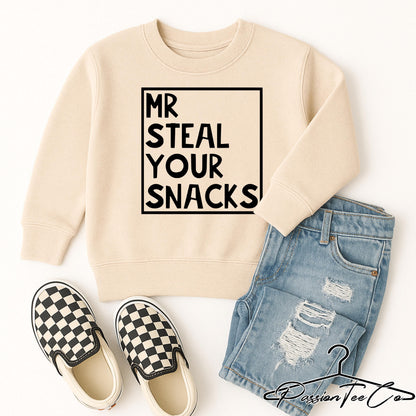Mr Steal Your Snacks Kids Sweatshirt, Funny Snack Sweatshirt, Funny Kids Quote Sweater