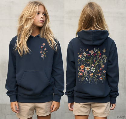 Flowers Youth Sweatshirt, Boho Cottagecore Pastel Crewneck, Botanical Floral Kids Sweatshirt