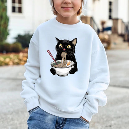 Ramen Kitten Kids Sweatshirt, Noodle Cat Crewneck, Funny Ramen Kitten Youth Sweatshirt