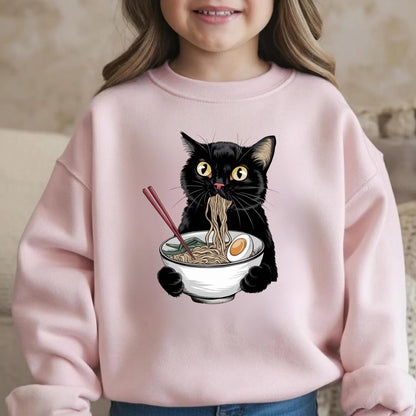 Ramen Kitten Kids Sweatshirt, Noodle Cat Crewneck, Funny Ramen Kitten Youth Sweatshirt
