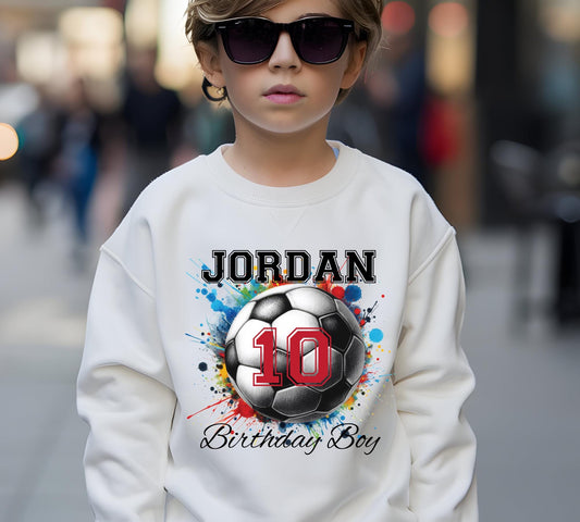 Soccer Birthday Boy Kids Sweatshirt, Personalized Name and Age Shirt, Custom Football Crewneck