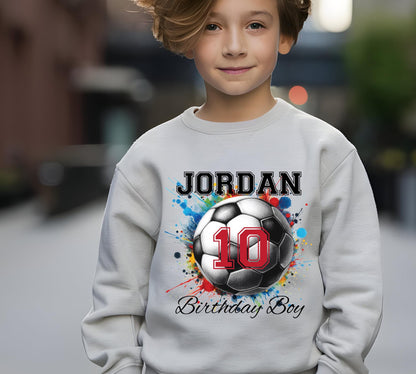 Soccer Birthday Boy Kids Sweatshirt, Personalized Name and Age Shirt, Custom Football Crewneck